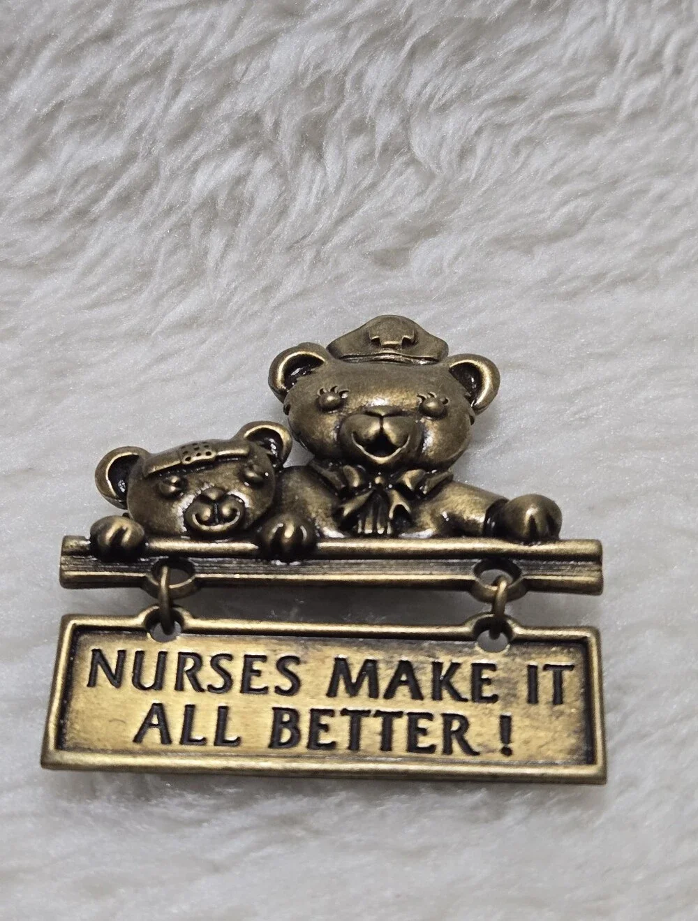 Nurses Make It All Better Bears Vintage Pewter Pin Brooch Signed JJ